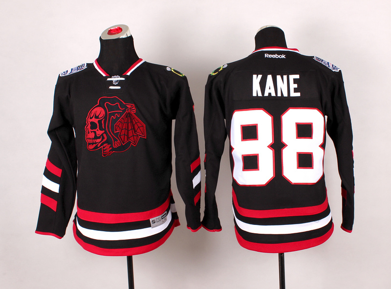 Blackhawks 88 Kane Black Youth Jersey(With Red Skull)