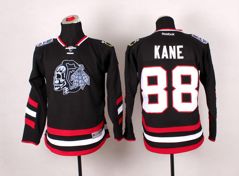Blackhawks 88 Kane Black Youth Jersey(With White Skull)