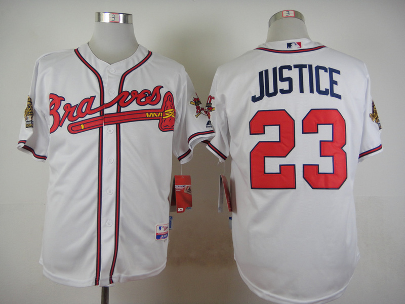 Braves 23 Justice White With 30th Season & 1995 World Series Patch Cool Base Jersey