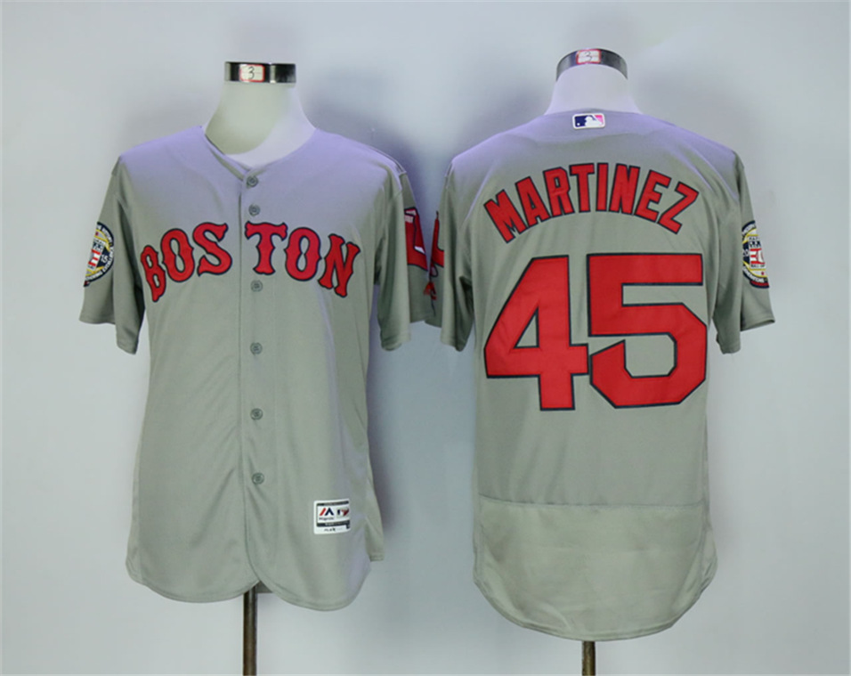 Red Sox 45 Pedro Martinez Grey With 2015 Hall Of Fame Patch Flexbase Jersey