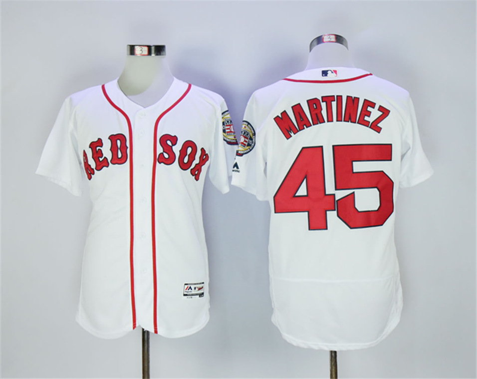 Red Sox 45 Pedro Martinez White With 2015 Hall Of Fame Patch Flexbase Jersey
