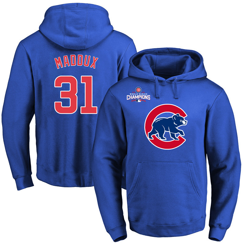 Cubs 31 Greg Maddux Royal Alternate 2016 World Series Champions Pullover Hoodie