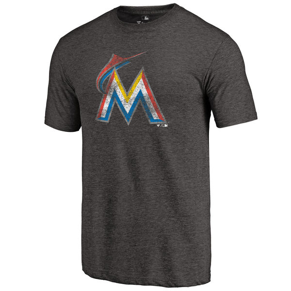 Miami Marlins Distressed Team Tri Blend T-Shirt Heathered Black