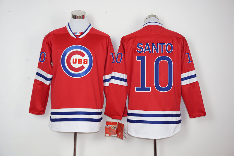 Cubs 10 Ron Santo Red Long Sleeve Jersey