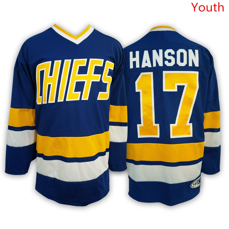 Hanson Brothers 17 Steve Hanson Blue Stitched Youth Movie Jersey