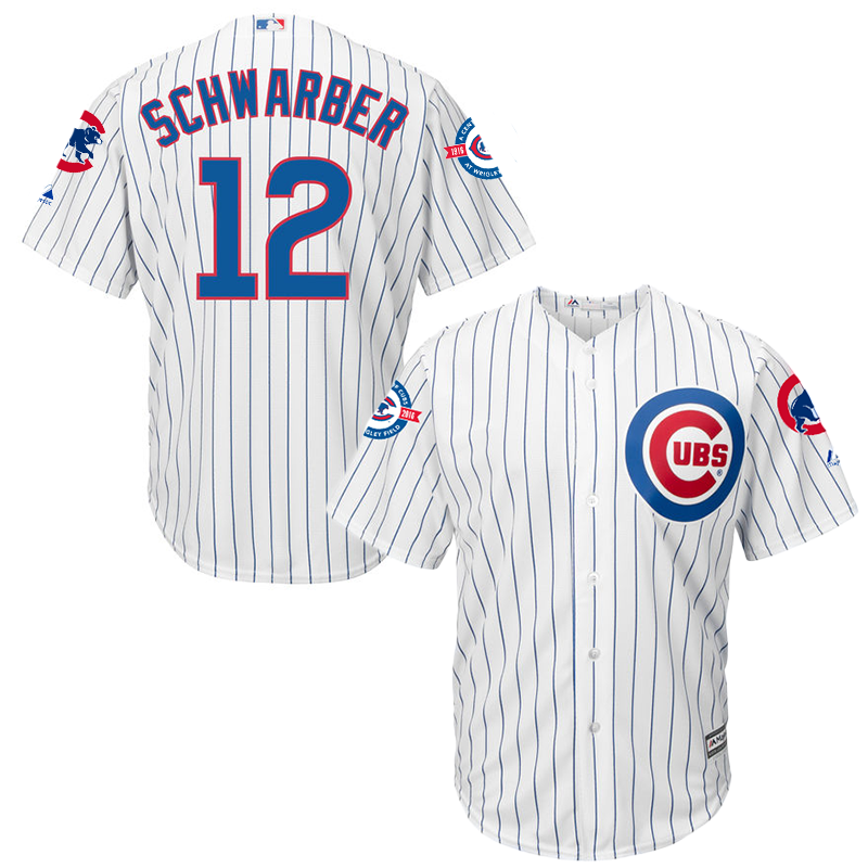 Cubs 12 Kyle Schwarber White with 100 Years at Wrigley Field Commemorative Patch New Cool Base Jersey