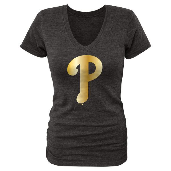 Philadelphia Phillies Fanatics Apparel Women's Gold Collection V Neck Tri Blend T-Shirt Black