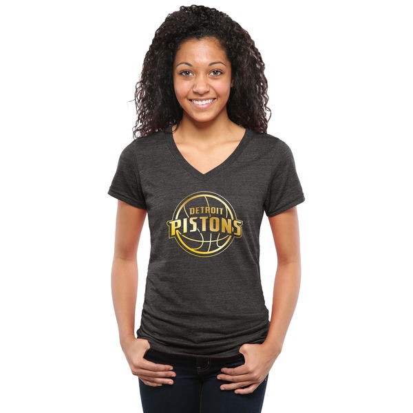 Detroit Pistons Women's Gold Collection V Neck Tri Blend T-Shirt Black