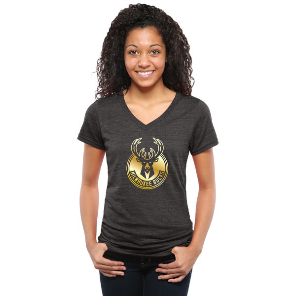 Milwaukee Bucks Women's Gold Collection V Neck Tri Blend T-Shirt Black