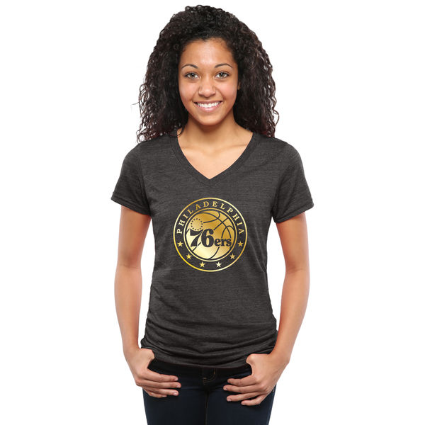 Philadelphia 76ers Women's Gold Collection V Neck Tri Blend T-Shirt Black
