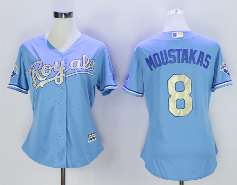Royals 8 Mike Moustakas Light Blue Women 2015 World Series Champions New Cool Base Jersey