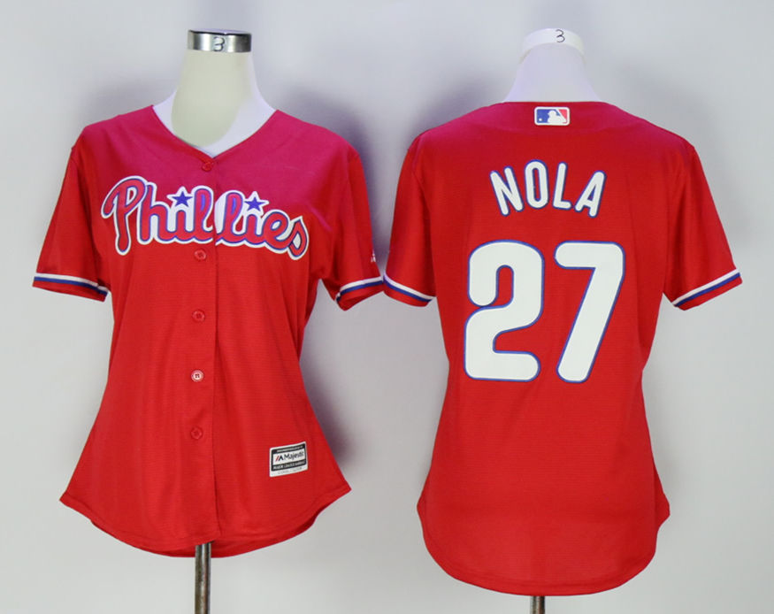 Phillies 27 Aaron Nola Red Women New Cool Base Jersey