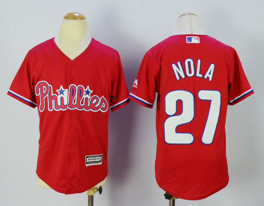 Phillies 27 Aaron Nola Red Youth New Cool Base Jersey