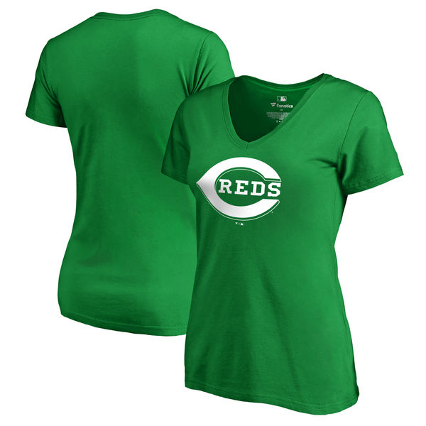 Women's Cincinnati Reds Fanatics Branded Kelly Green Plus Size St. Patrick's Day White Logo V Neck T-Shirt