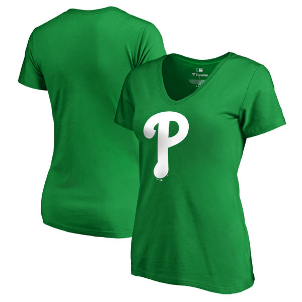 Women's Philadelphia Phillies Fanatics Branded Kelly Green Plus Size St. Patrick's Day White Logo V Neck T-Shirt
