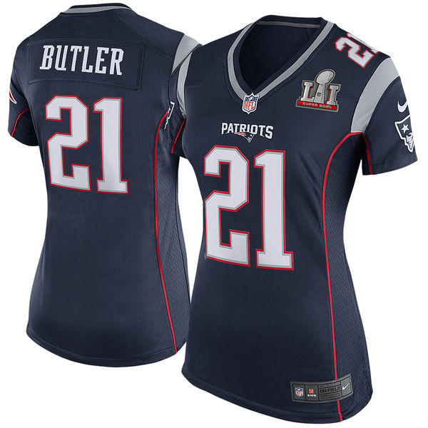 Nike Patriots 21 Malcolm Butler Navy Women 2017 Super Bowl LI Game Jersey