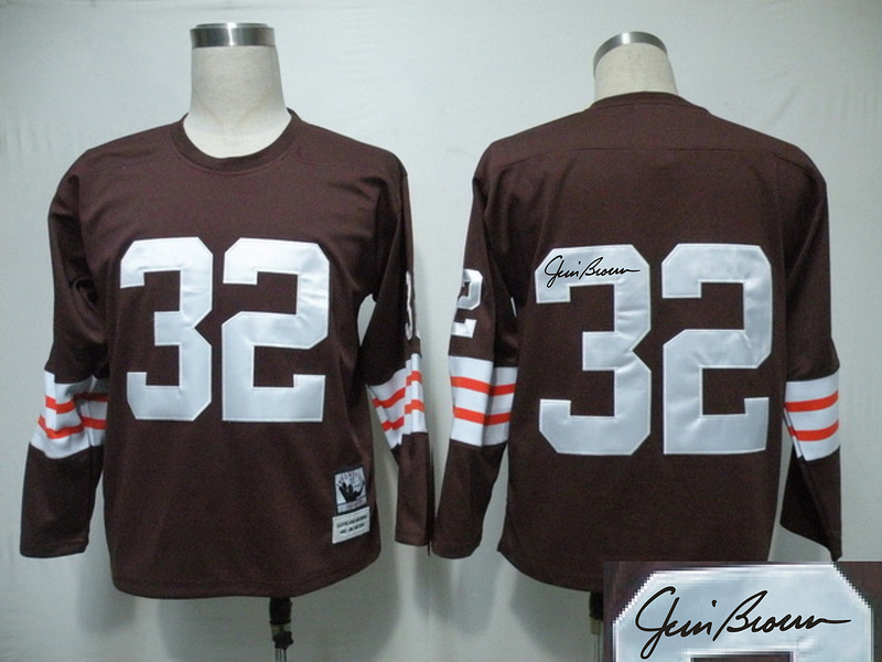 Browns 32 Brown Long Sleeve Throwback Signature Edition Jerseys