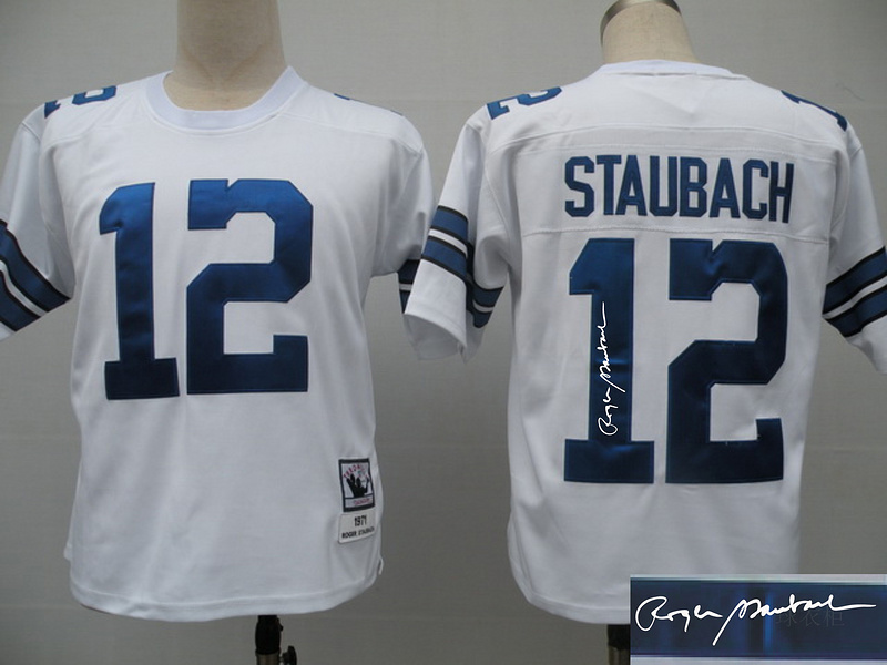 Cowboys 12 Staubach White Throwback Signature Edition Jerseys