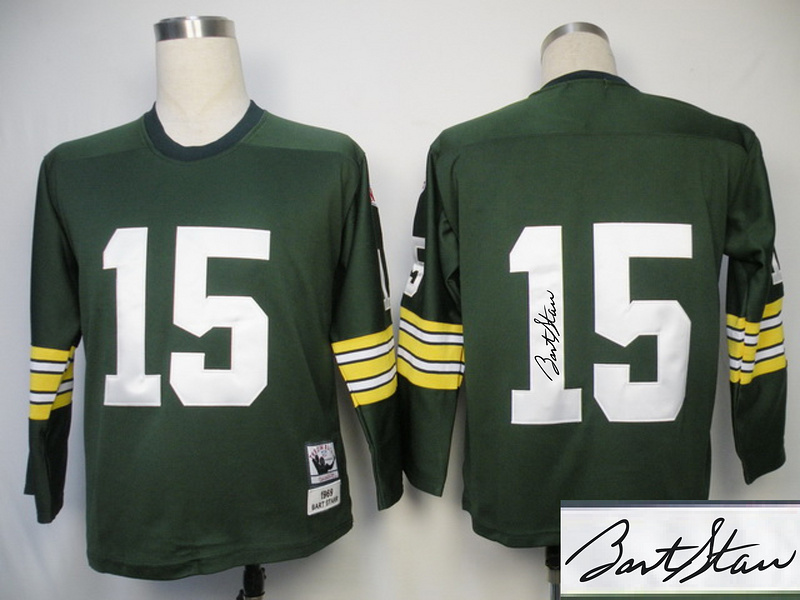 Packers 15 Starr Green Long Sleeve Throwback Signature Edition Jerseys