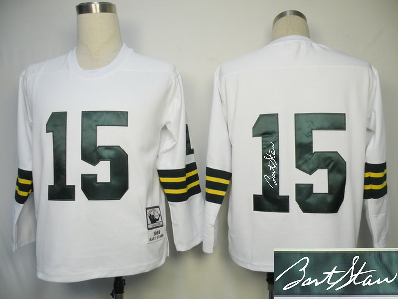 Packers 15 Starr White Long Sleeve Throwback Signature Edition Jerseys