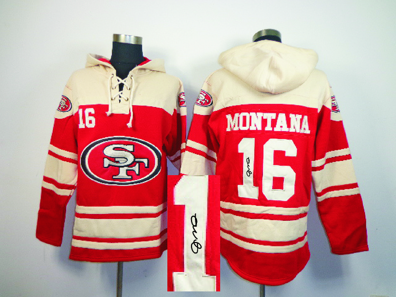 Nike 49ers 16 Joe Montana Red All Stitched Signed Hooded Sweatshirt