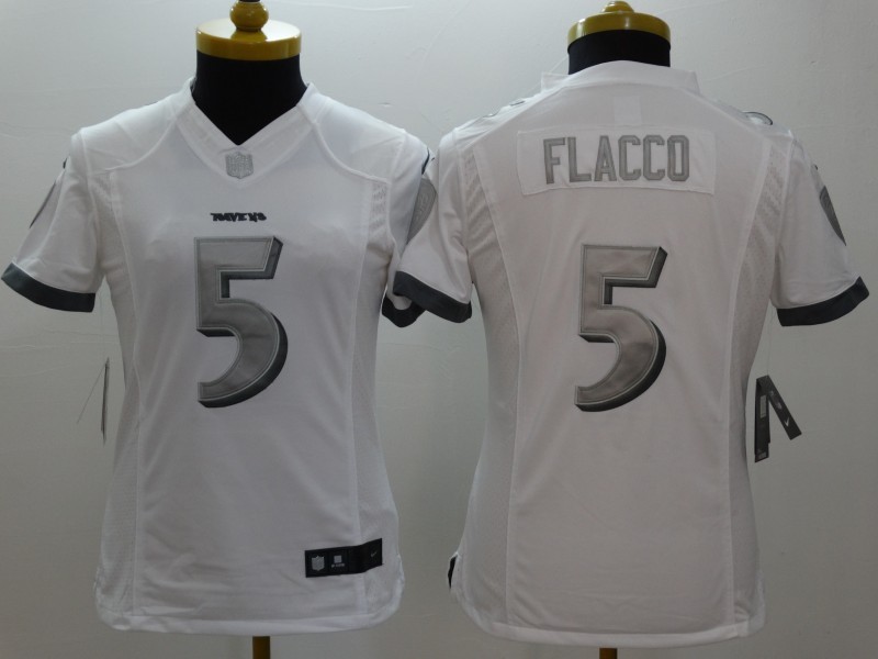 Nike Ravens 5 Flacco Wilson White Platinum Women Limited Jerseys