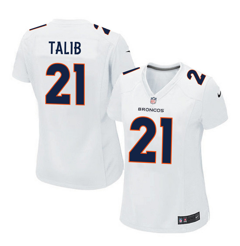 Nike Broncos 21 Aqib Talib White Women Game Event Jersey
