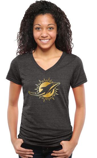 Nike Dolphins Black Pro Line Gold Collection Women's V Neck Tri-Blend T-Shirt