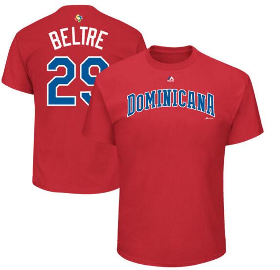 Dominican Republic Baseball 29 Adrian Beltre Majestic 2017 World Baseball Classic Name & Number T-Shirt Red