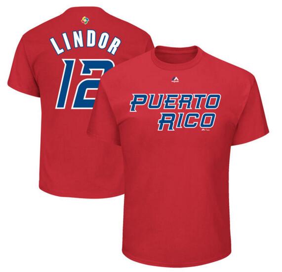 Puerto Rico Baseball 12 Francisco Lindor Majestic 2017 World Baseball Classic Name & Number T-Shirt Red