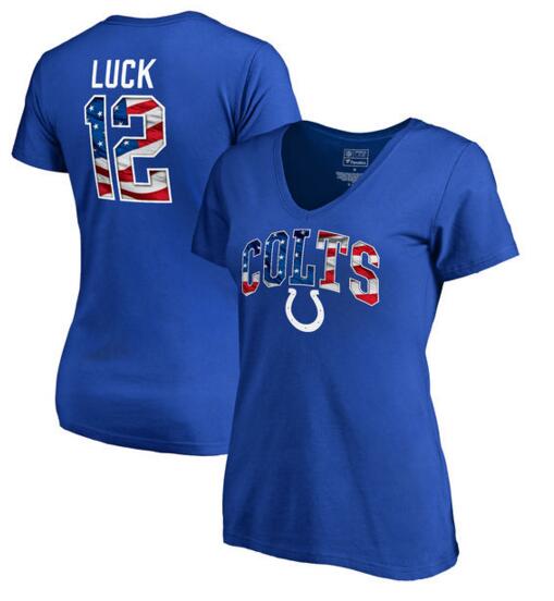Andrew Luck Indianapolis Colts NFL Pro Line by Fanatics Branded Women's Banner Wave Name & Number T Shirt Royal