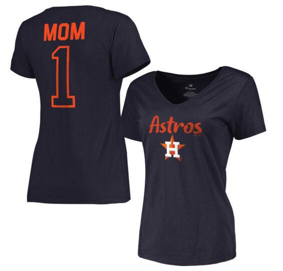 Houston Astros Women's 2017 Mother's Day #1 Mom V Neck T Shirt Navy