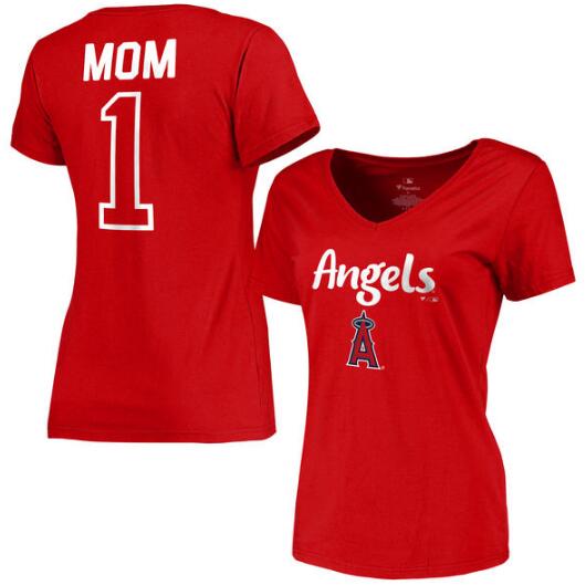 Los Angeles Angels of Anaheim Women's 2017 Mother's Day #1 Mom V Neck T Shirt Red