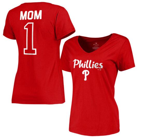 Philadelphia Phillies Women's 2017 Mother's Day #1 Mom V Neck T Shirt Red