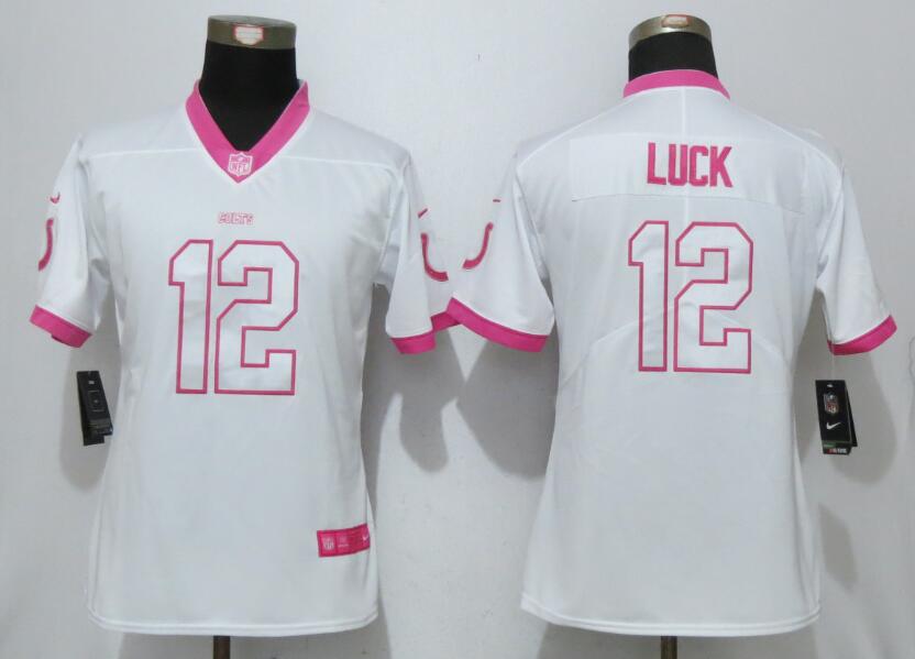 Nike Colts 12 Andrew Luck White Pink Women Game Jersey