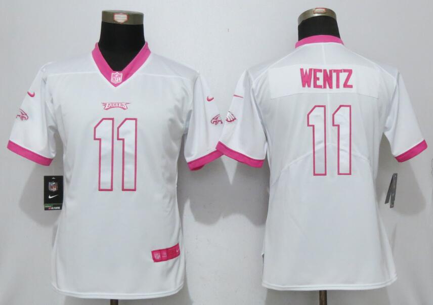 Nike Eagles 11 Carson Wentz White Pink Women Game Jersey