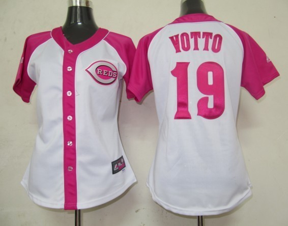 Reds 19 Joey Votto White Women Pink Splash Fashion Jersey