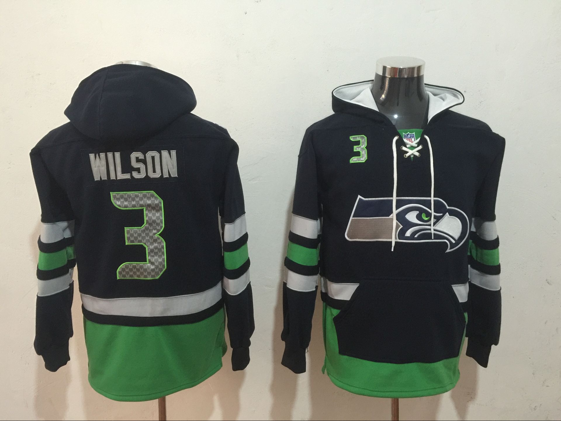 Seattle Seahawks 3 Russell Wilson Black All Stitched Hooded Sweatshirt