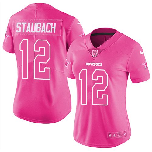Nike Cowboys 12 Roger Staubach Pink Fashion Women Limited Jersey
