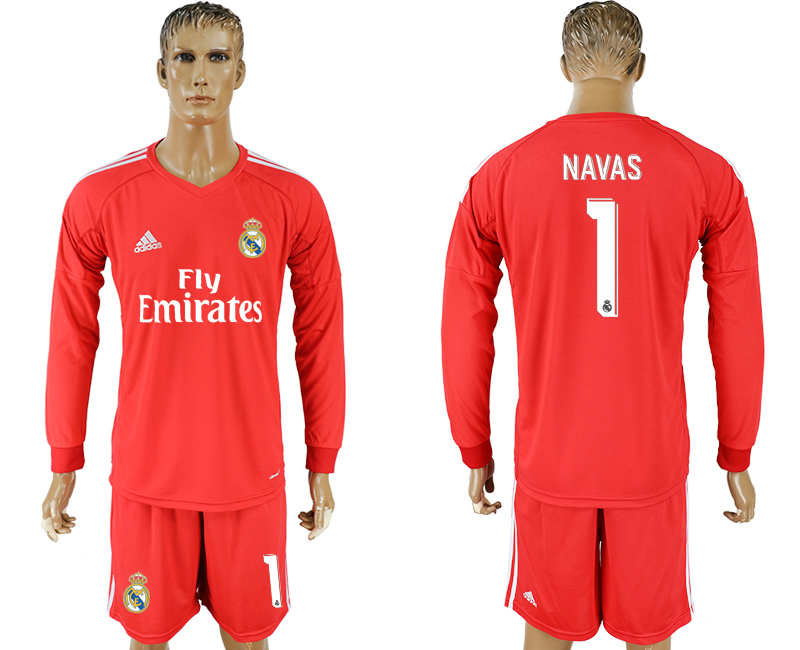 2017-18 Real Madrid 1 NAVAS Red Goalkeeper Long Sleeve Soccer Jersey