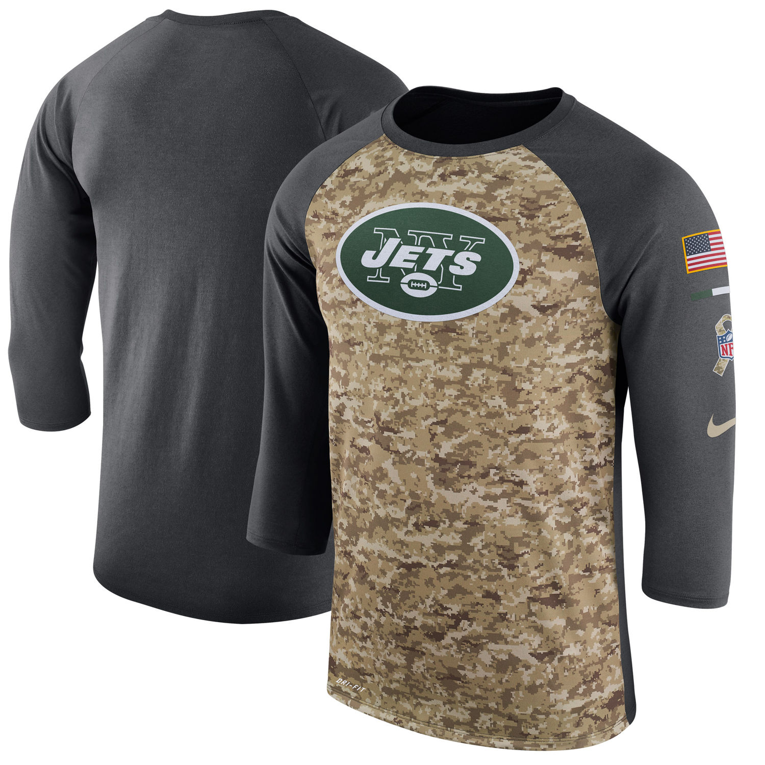 Men's New York Jets Nike Camo Anthracite Salute to Service Sideline Legend Performance Three-Quarter Sleeve T Shirt