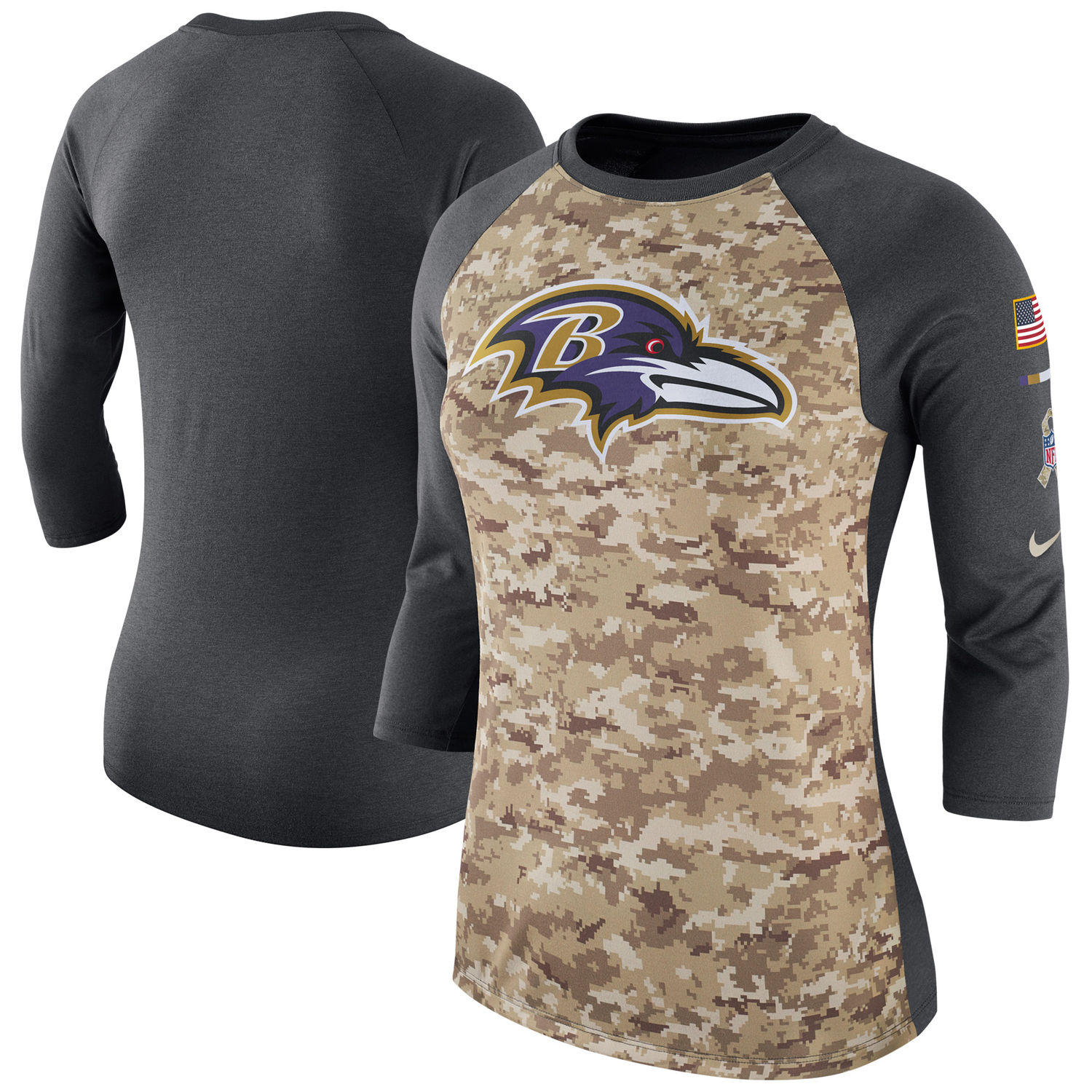 Women's Baltimore Ravens Nike Camo Charcoal Salute to Service Legend Three-Quarter Raglan Sleeve T Shirt