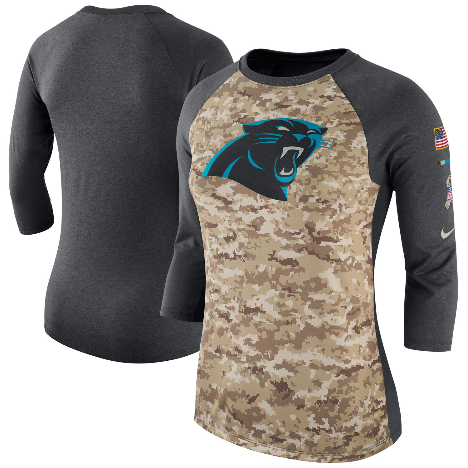 Women's Carolina Panthers Nike Camo Charcoal Salute to Service Legend Three-Quarter Raglan Sleeve T Shirt