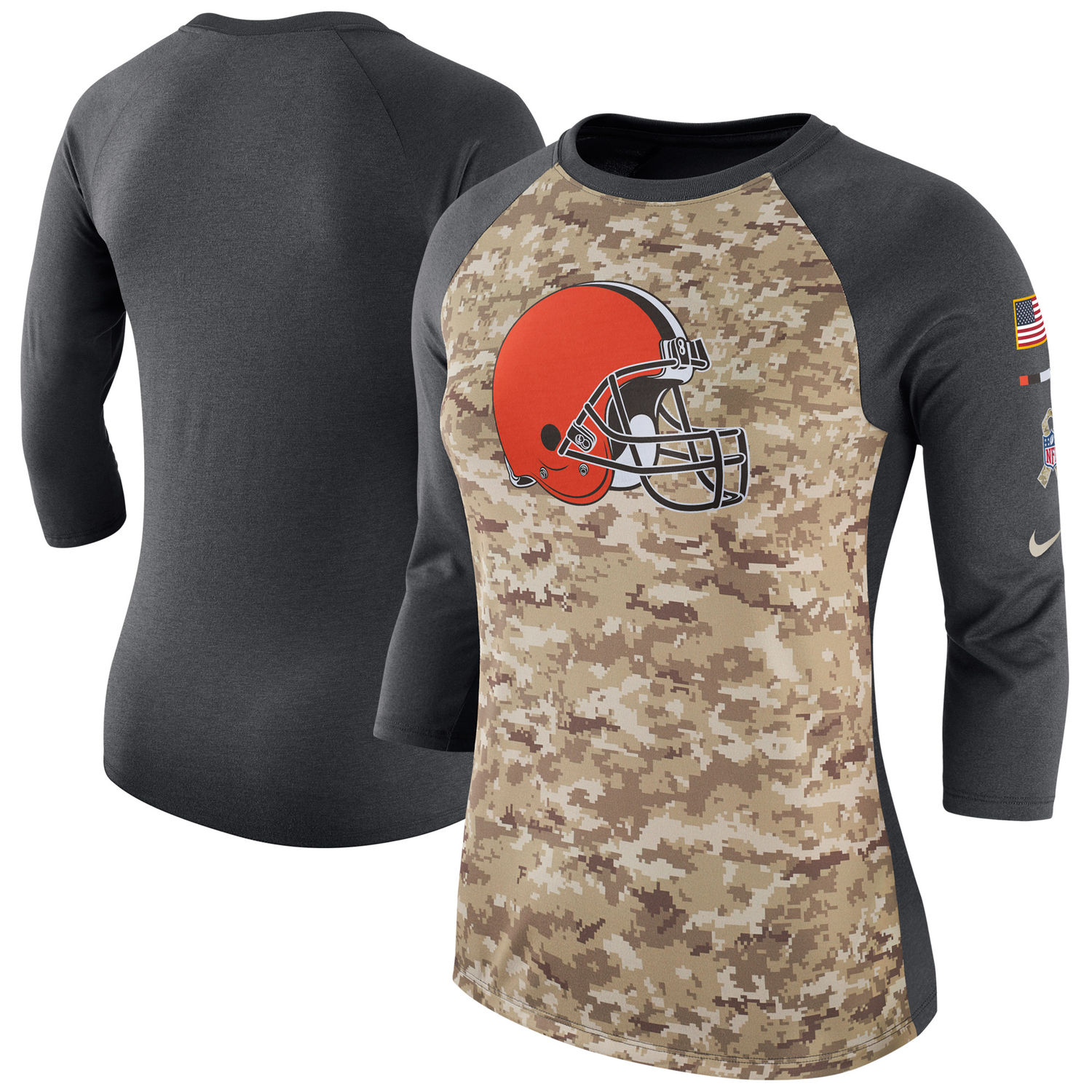 Women's Cleveland Browns Nike Camo Charcoal Salute to Service Legend Three-Quarter Raglan Sleeve T Shirt