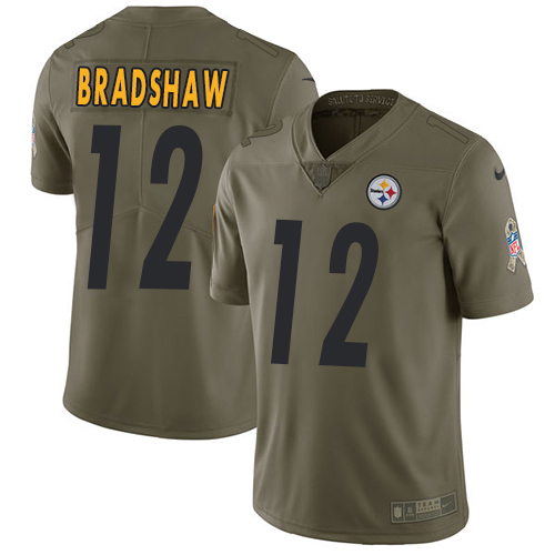 Nike Steelers 12 Terry Bradshawi Olive Salute To Service Limited Jersey