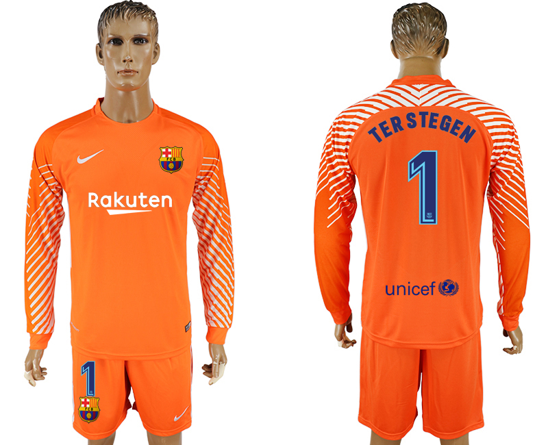 2017-18 Barcelona 1 TER STEGEN Orange Long Sleeve Goalkeeper Soccer Jersey