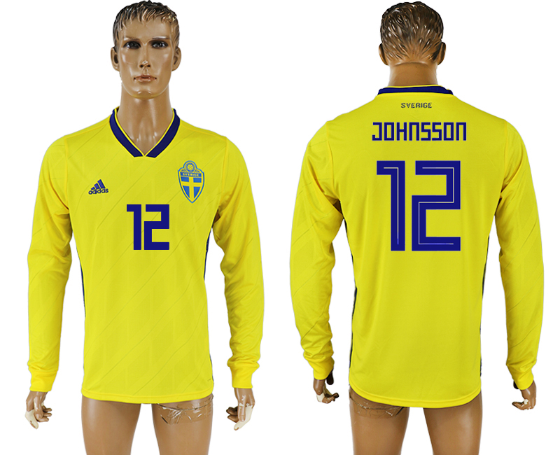 Sweden 12 JOHNSSON Home 2018 FIFA World Cup Long Sleeve Thailand Soccer Jersey