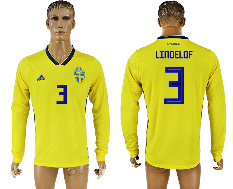 Sweden 3 LINDELOF Home 2018 FIFA World Cup Long Sleeve Thailand Soccer Jersey