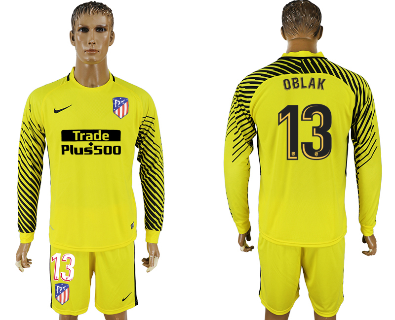2017-18 Atletico Madrid 13 OBLAK Yellow Long Sleeve Goalkeeper Soccer Jersey