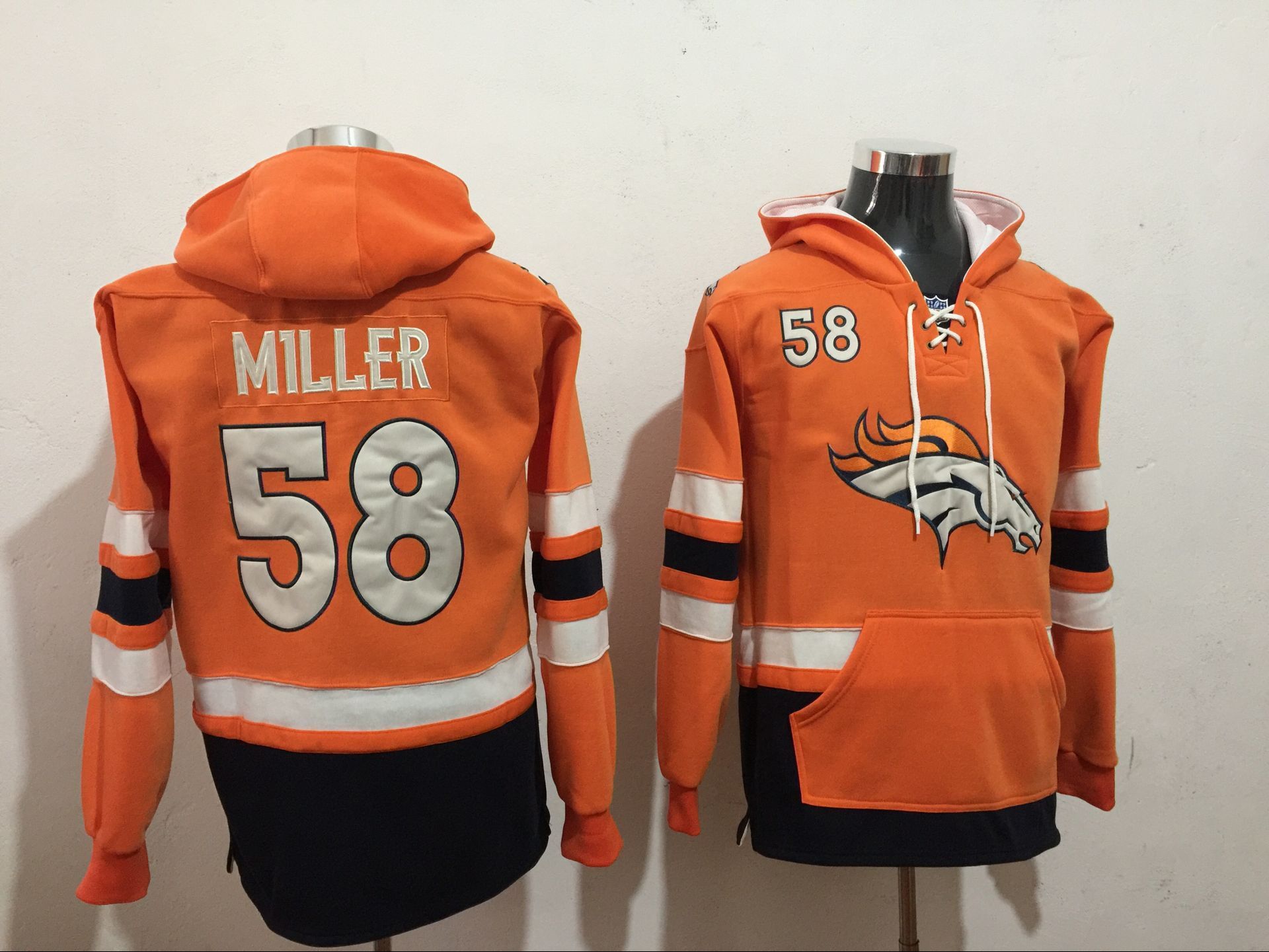 Denver Broncos 58 Von Miller Orange All Stitched Hooded Sweatshirt